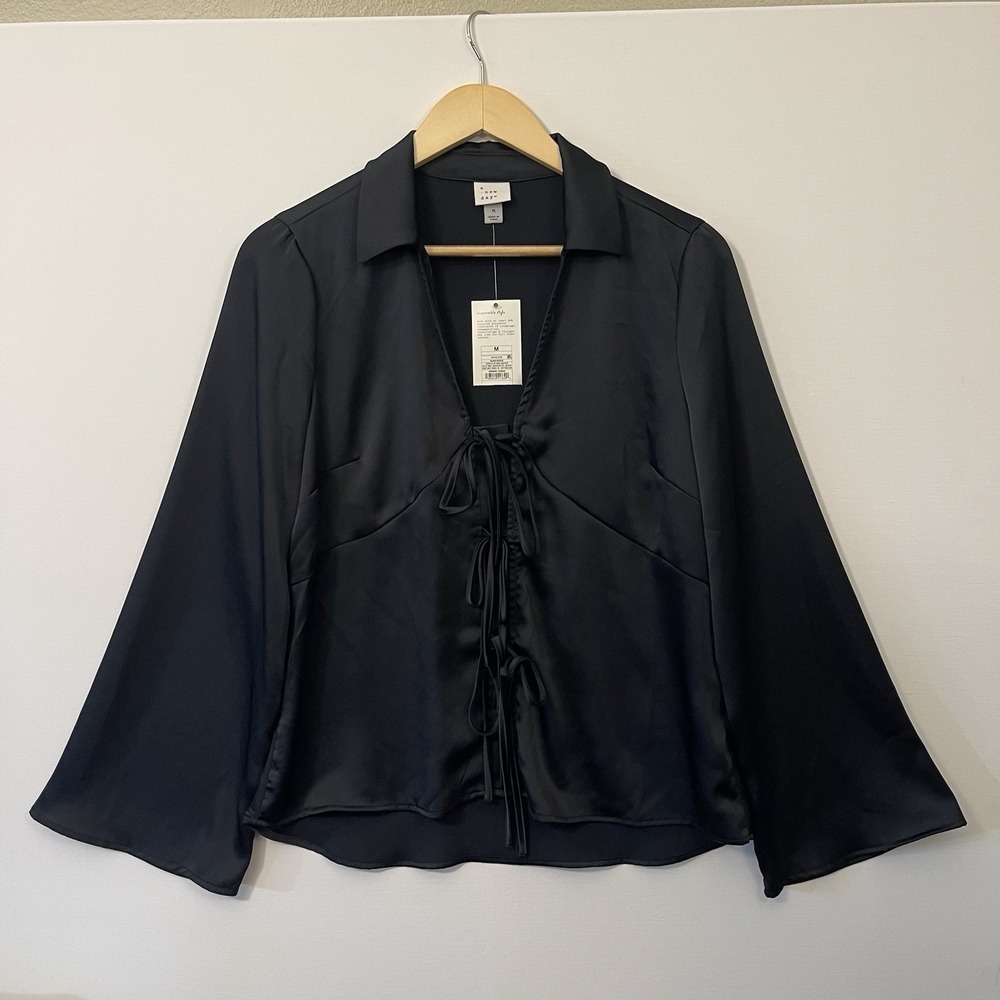 NEW A New Day Black Satin Triple Tie Top Wide Sleeve Glam Goth Romantic Sz M